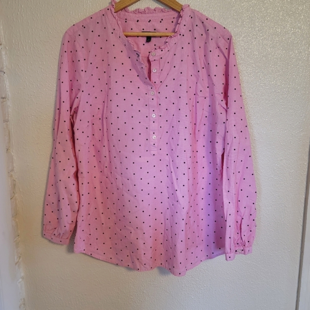 Talbots Ruffle Trim Cotton Popover Polka Dot Print sz XL Pink Black